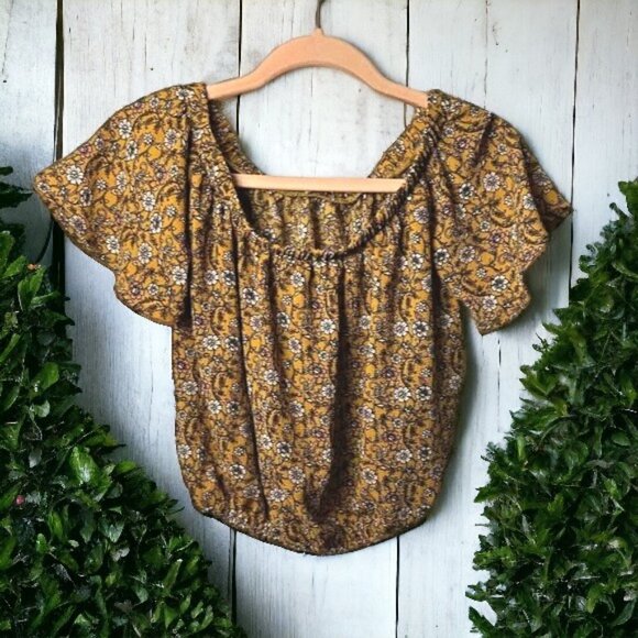 Love First Boho Off the Shoulder Mustard Crop Top, Size Small - Picture 2 of 16